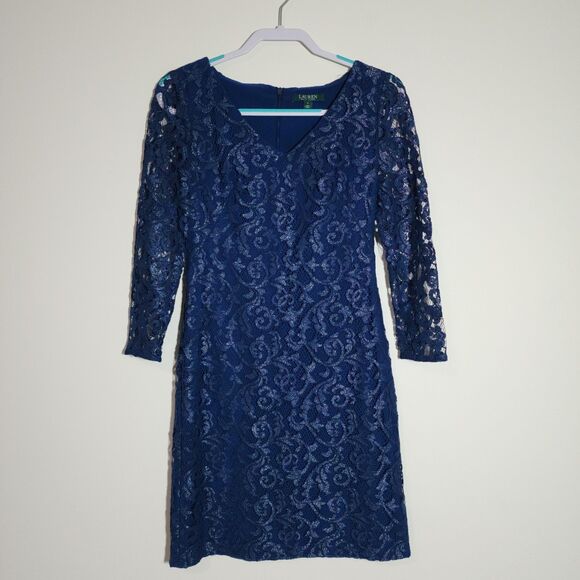 Lauren Ralph Lauren Dresses & Skirts - Lauren Ralph Lauren Womens Lace Sheath Dress Size 4 Blue V-Neck Holiday Party